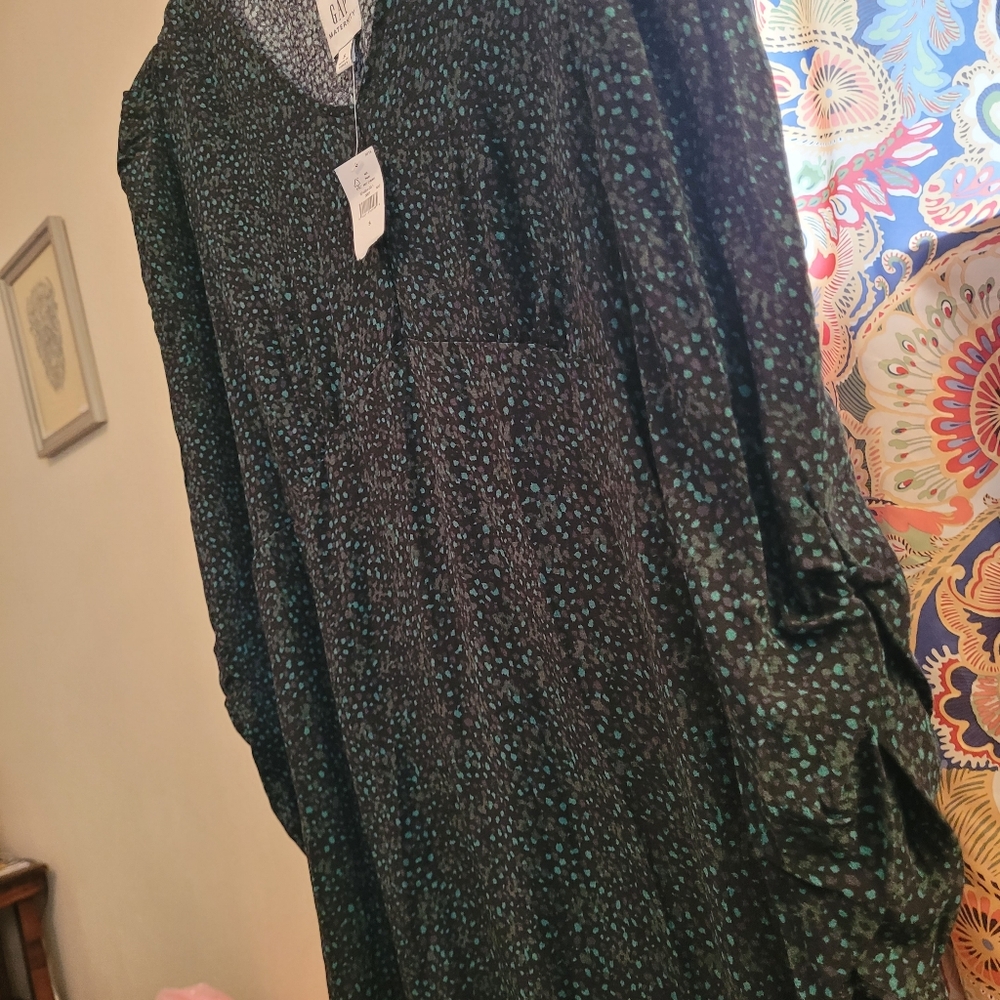NWT, Black Tunic Dress with Teal Speckle Print, S, Ruched 3/4 Sleeves